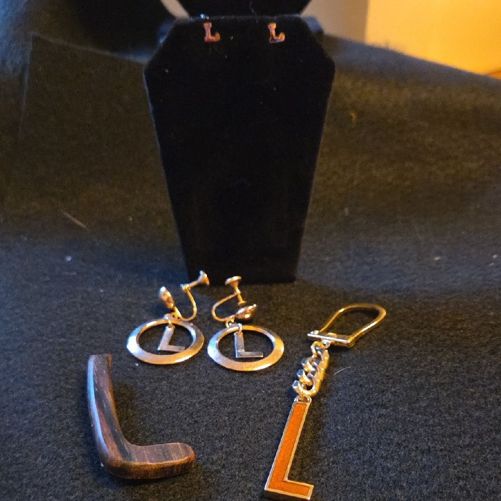 Gold and Brown Initial Keychain and Earring Set